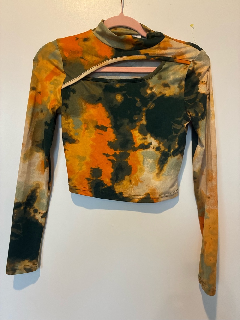 Cutout Long-Sleeve Crop Top — Olive Green & Orange Tie-Dye